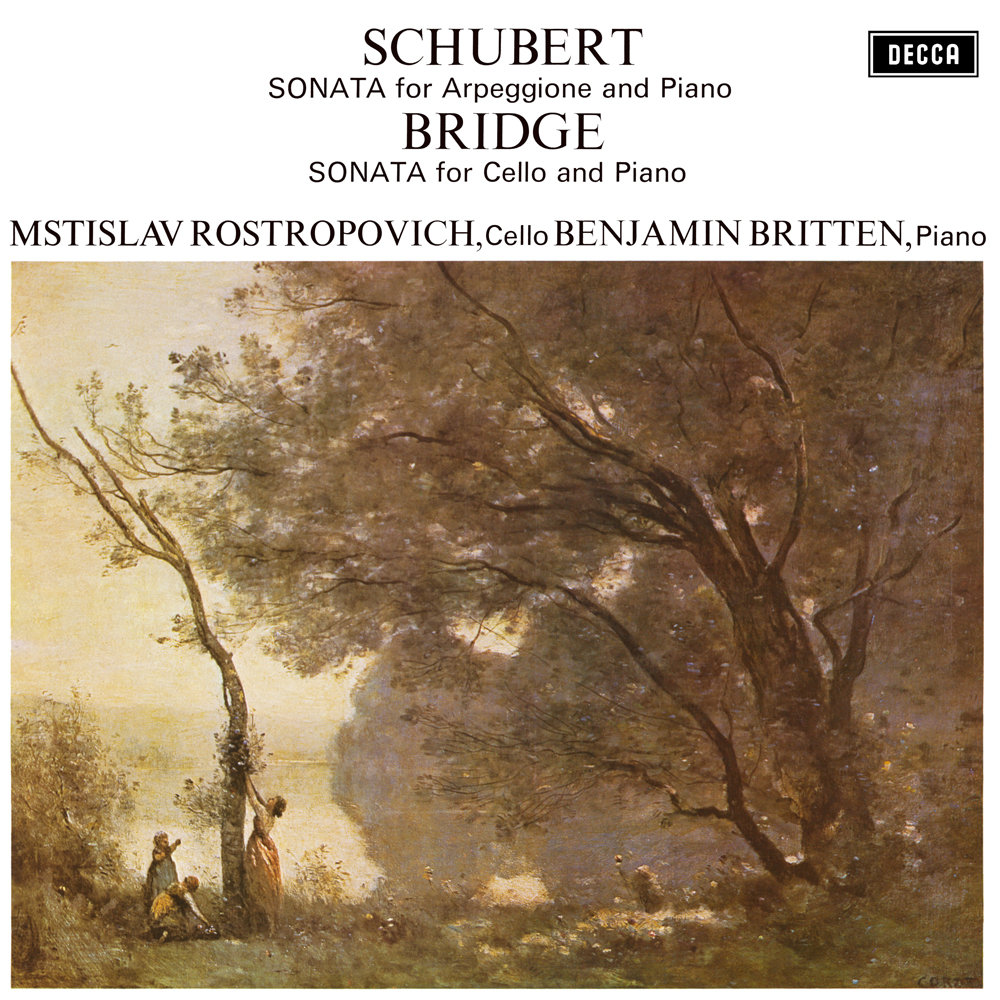 Album-Reviews
Cover der Schallplatte Schubert Arpeggione Sonate mit Mstislav Rostropovich (Cello) und Benjamin Britten (Klavier).
Decca SXL6426